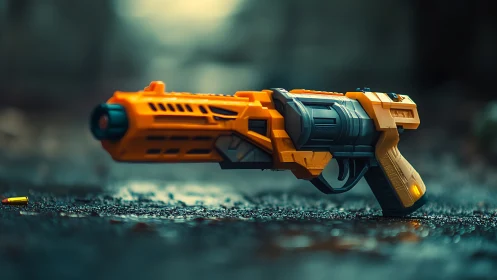 Toy blaster rests on wet asphalt in moody cinematic light
