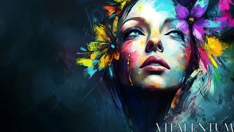 Female face emerges from saturated abstract floral brushstrokes