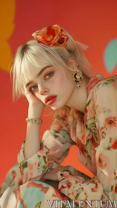 Floral portrait set against bold warm abstract backdrop.