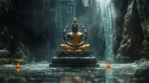 Golden deity statue under waterfall in misty rock shrine.