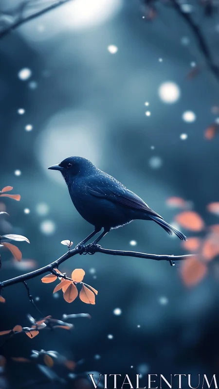 Dark passerine bird stands on branch in shallow depth field