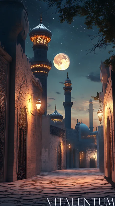 Moonlit Middle Eastern alley with ornate minarets and lamps.