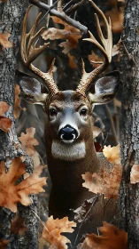 Stately buck framed by autumn trunks and bronze leaves.