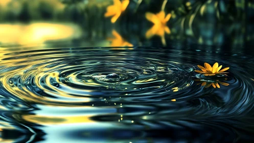 Gentle yellow blossom drifting across rippling twilight water.