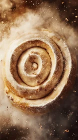 Cinnamon roll pastry dusted with powdered sugar against warm bokeh background.