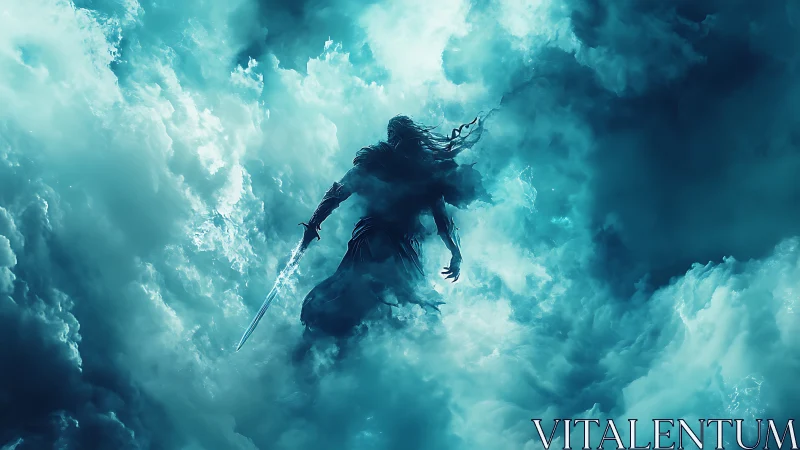 Stormborn wraith strides through shattered turquoise clouds.