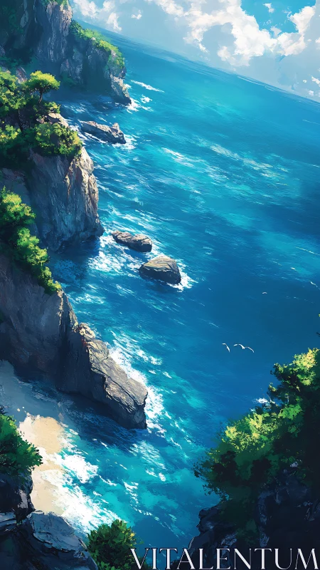 Sunlit coastal cliffs with turquoise surf and secluded cove.
