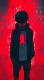 Solitary hooded figure stands in a storm of vivid red light