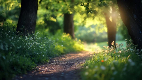 Sunlit Forest Path with Wildflowers in Soft, Dreamy Light.