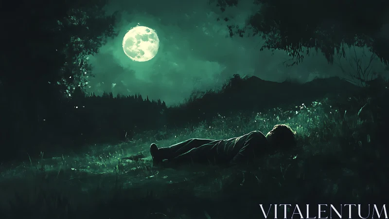 Person lies on moonlit grass clearing under dark night sky