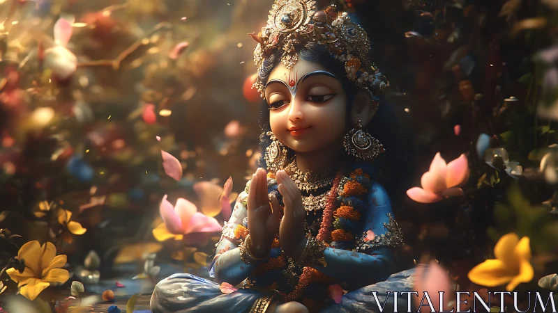Divine child idol in luminous floral garden meditation.