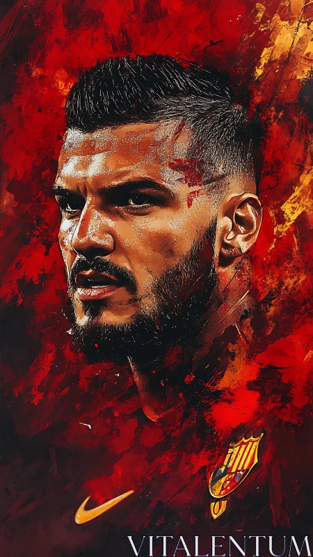 Dynamic football portrait with fiery textural abstraction.