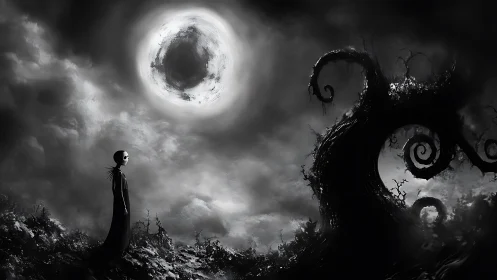 Moonlit wanderer quietly meets a twisted shadowed tree