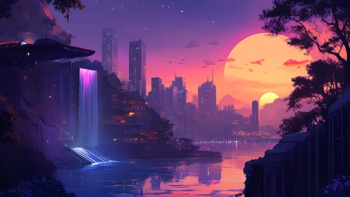 Neon waterfall megastructure beside retrofuturist sunset skyline