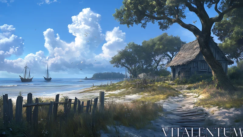 Coastal Medieval Village Overlooking Anchored Ships.