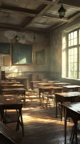 Sunlit abandoned classroom interior with worn wooden desks
