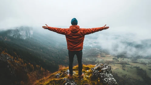 Backlit hiker on misty cliff edge with wide-angle atmospheric depth