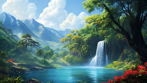 Sunlit rainforest waterfall beside turquoise valley lake.