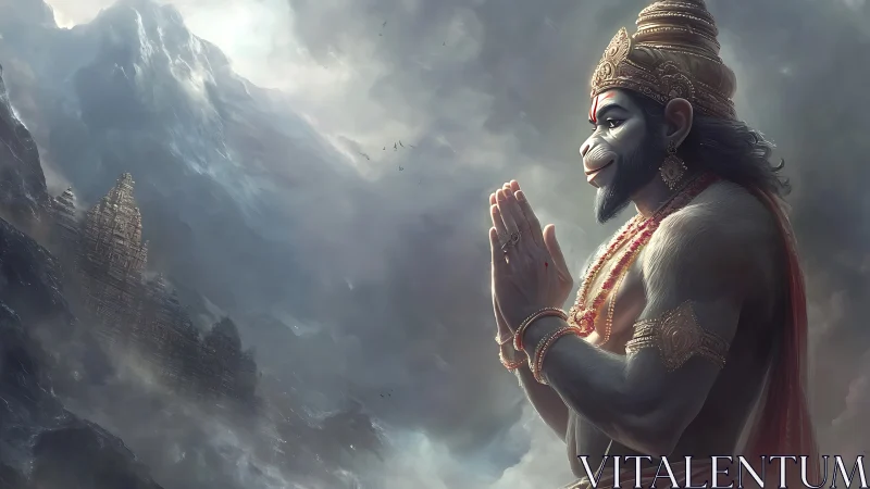 Hanuman-like divine figure in prayer before misty mountains.