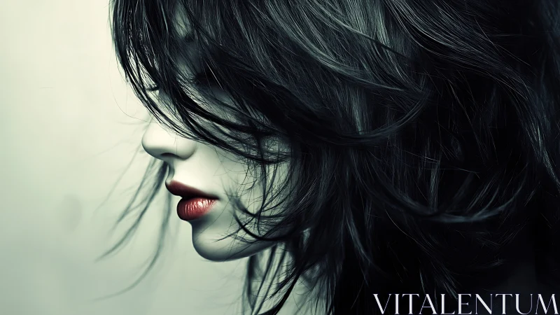 Artistic Side Profile of Woman with Dark Hair and Red Lips.