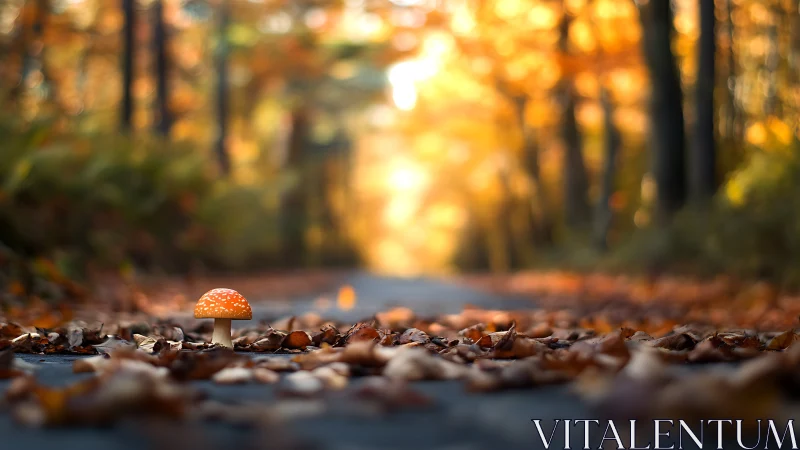 Single toadstool on leaf-covered forest path in autumn.