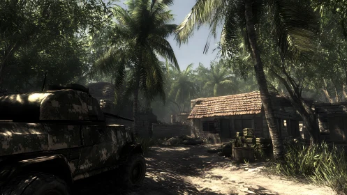 Post-apocalyptic village settlement with vegetation overgrowth reclamation