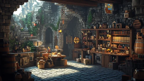 Sunlit alchemist&rsquo;s workshop in crumbling stone courtyard.