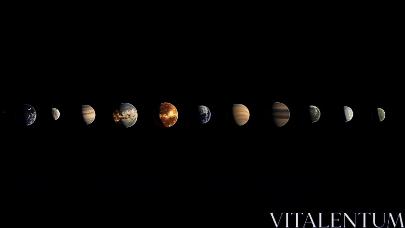 Row of illuminated planets drifts across deep black space