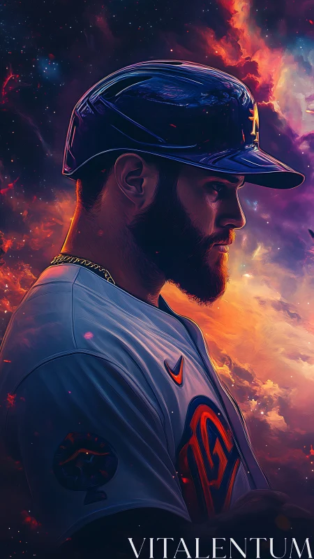 Cosmic-lit baseball player stands ready in glowing nebula sky