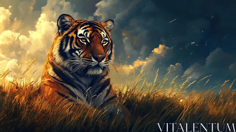 Majestic tiger watches a stormlit savanna sky at dusk.