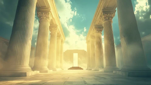 Volumetric sunlit colonnade framing a luminous portal.