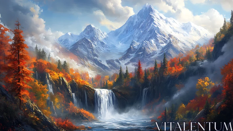 Waterfall carves bright autumn song below silver peaks