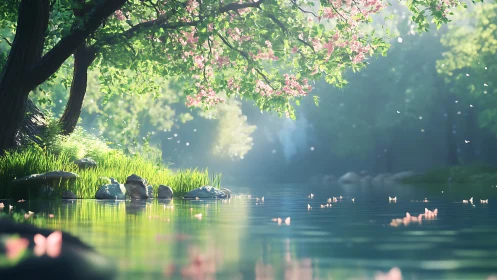 Whispering blossom shore where sunlight lingers on glassy water.