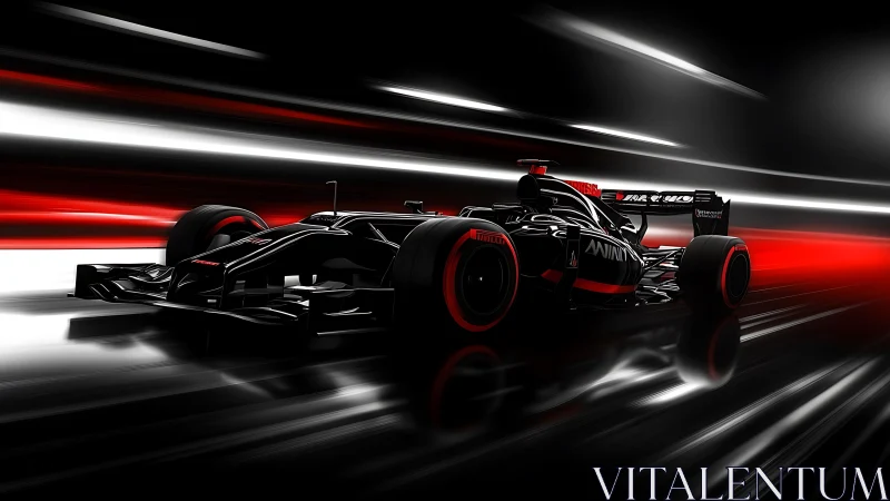 Sleek black Formula racer slicing through neon speed trails.