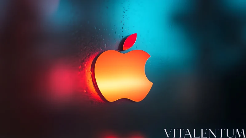Illuminated apple-shaped logo on wet glass surface.
