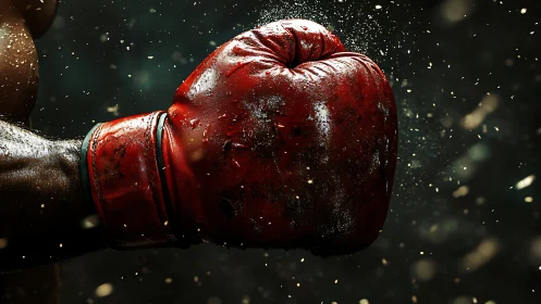 Red Boxing Glove with Dramatic Particle Dispersion Effect.