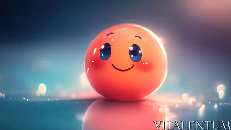 Smiling glossy orange sphere on bokeh-lit reflective surface.