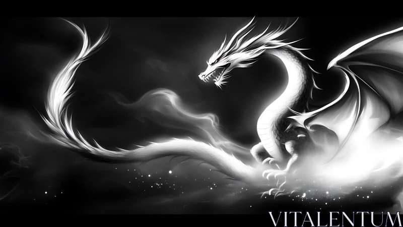 White spectral dragon coiled in monochrome storm clouds.