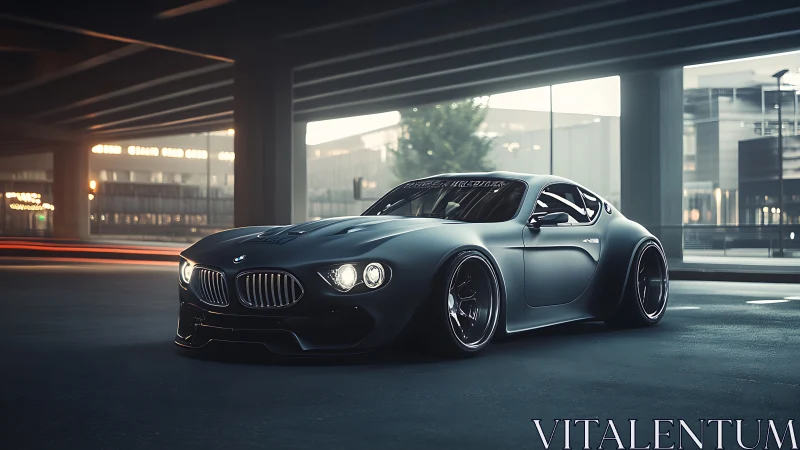 Sleek matte black BMW sports car under urban overpass.