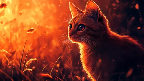 Fiery Cat Portrait in Amber Flames and Warm Light.