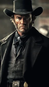 Weathered western gunslinger in dark frontier wardrobe.