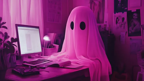 Neon magenta ghost silhouette at cluttered computer workstation