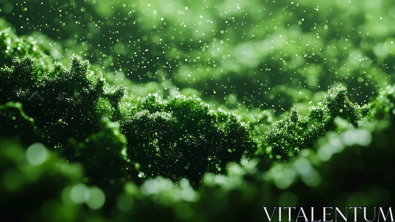 Luminous green particles drift above mossy micro landscape.