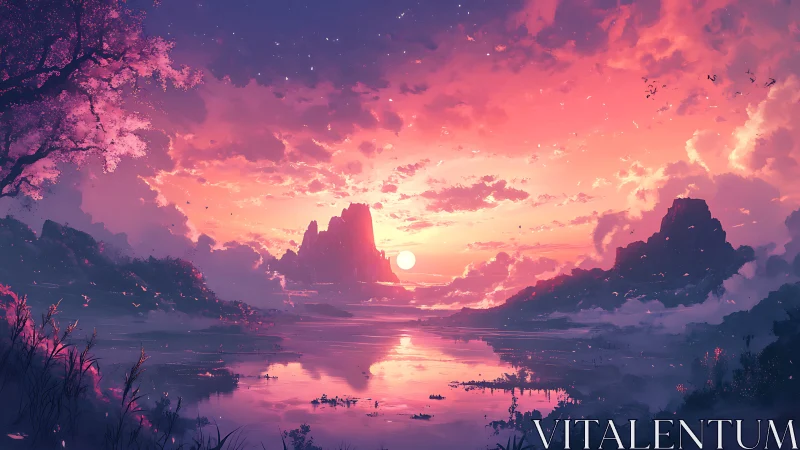 Radiant twilight over mirrored mountains in painterly fantasy landscape