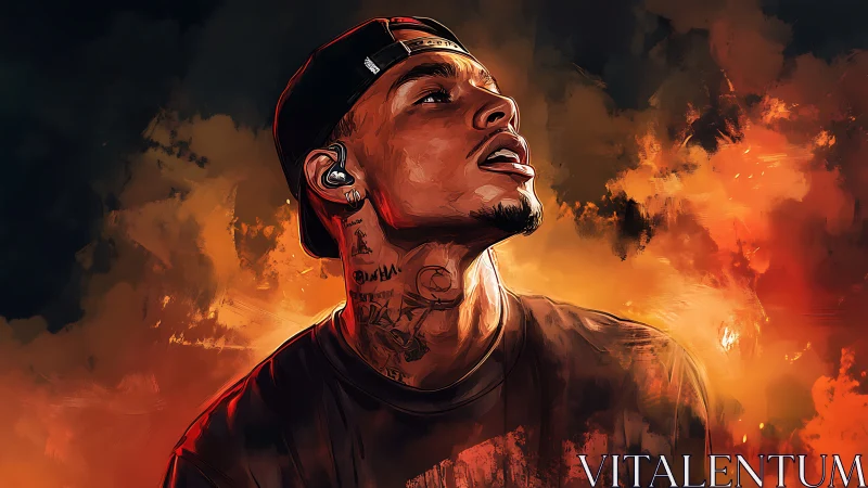 Digital portrait of tattooed man amid blazing orange clouds.