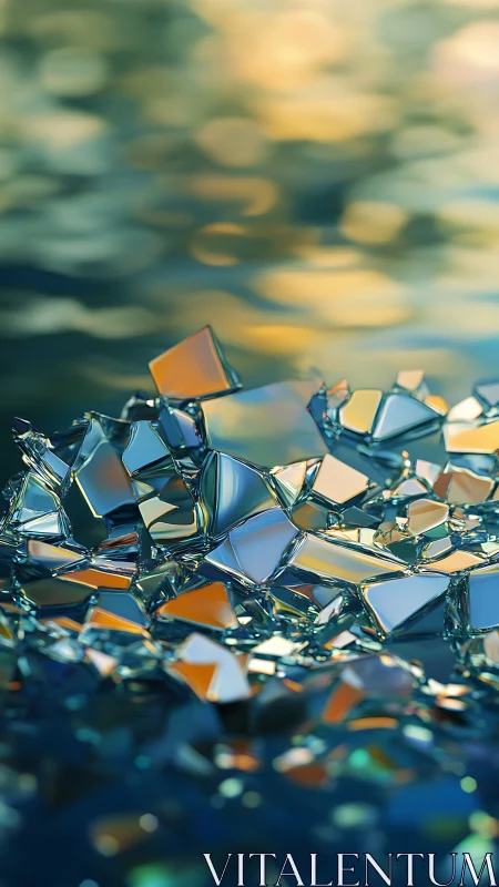 Iridescent glass shards cluster over blurred cyan bokeh field