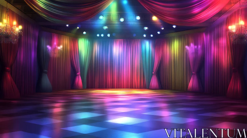 Empty ballroom glows under vibrant stage lighting and drapery