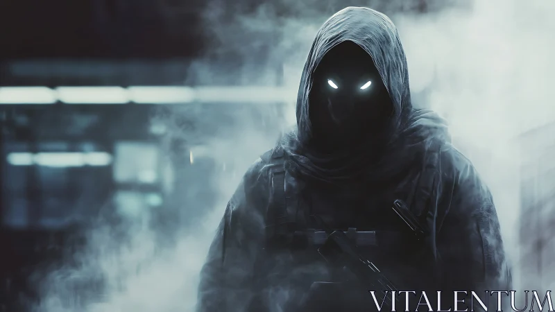 Mysterious hooded figure with glowing eyes in city fog.