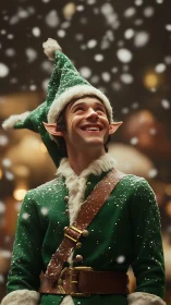 Joyful Christmas elf under softly glowing snowfall lights.