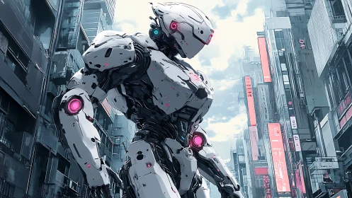 Armored bipedal combat android patrols dense neon megacity canyon